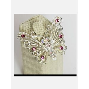 Silver-tone Filigree Butterfly Brooch Pink Crystals